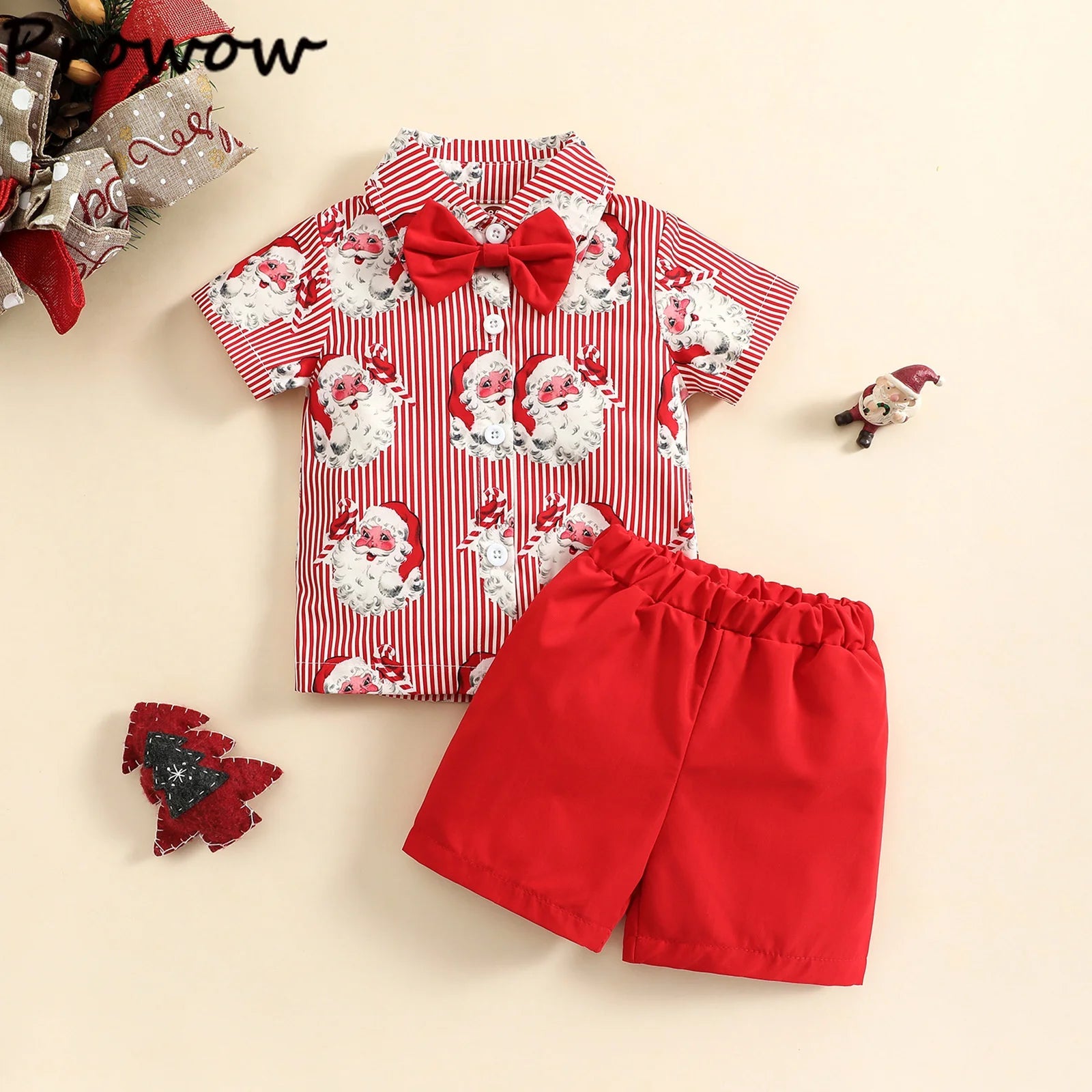 Baby Boys Christmas Outfits For Kids Summer Santa Claus Print Necktie Shorts and Red Shorts 2pcs New Year - PratSN