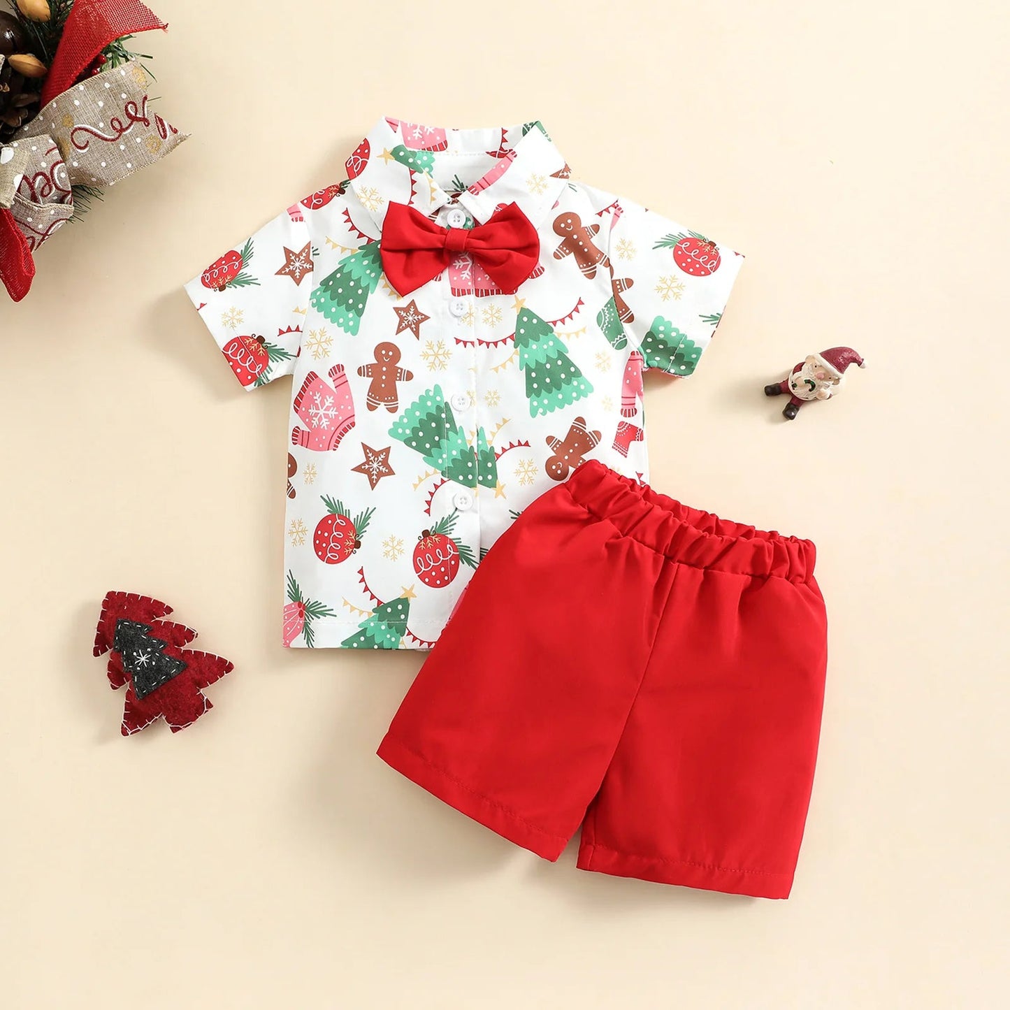 Baby Boys Christmas Outfits For Kids Summer Santa Claus Print Necktie Shorts and Red Shorts 2pcs New Year - PratSN