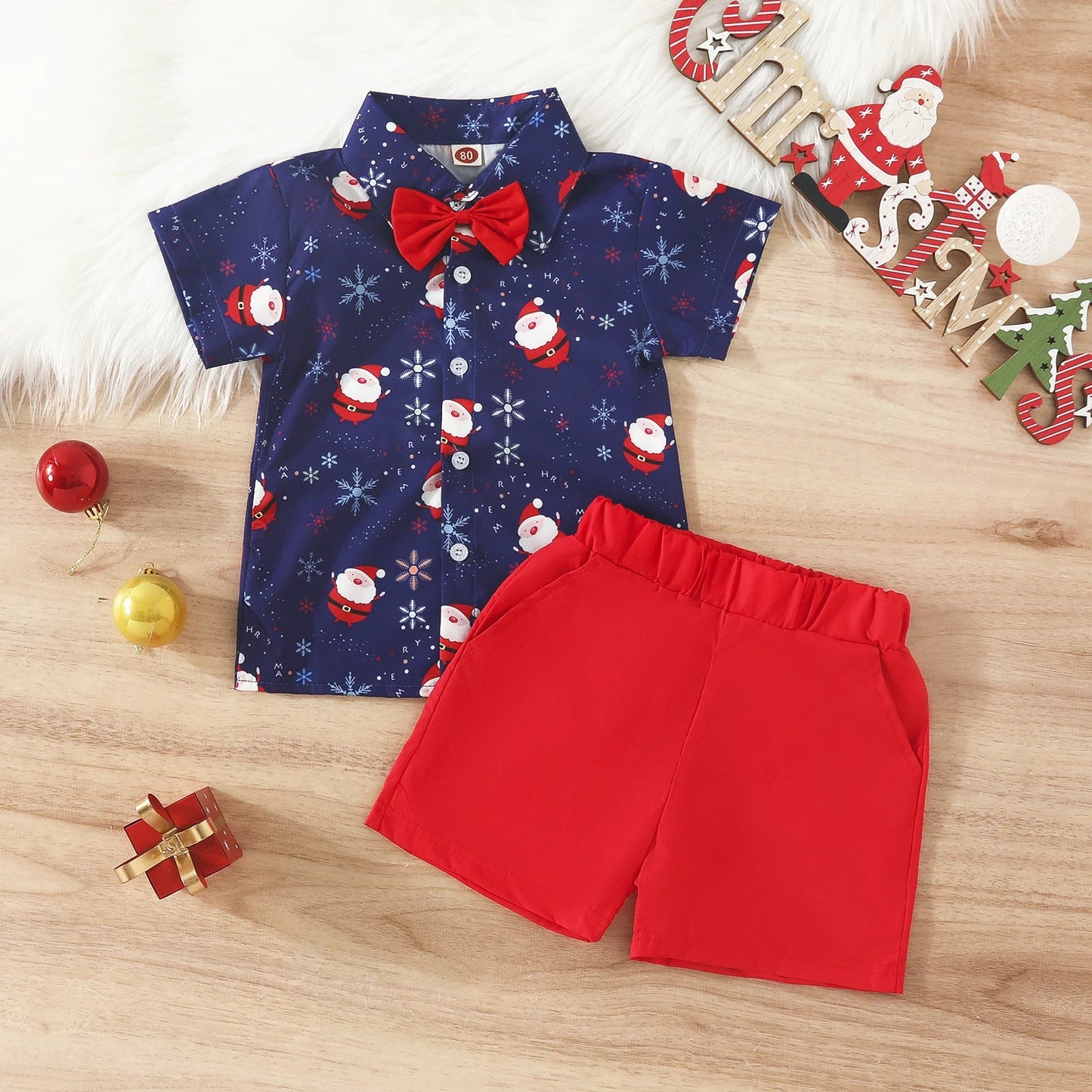 Baby Boys Christmas Outfits For Kids Summer Santa Claus Print Necktie Shorts and Red Shorts 2pcs New Year - PratSN
