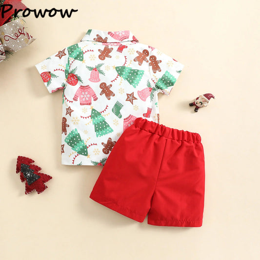Baby Boys Christmas Outfits For Kids Summer Santa Claus Print Necktie Shorts and Red Shorts 2pcs New Year - PratSN