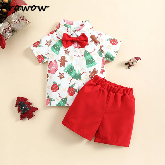 Baby Boys Christmas Outfits For Kids Summer Santa Claus Print Necktie Shorts and Red Shorts 2pcs New Year - PratSN
