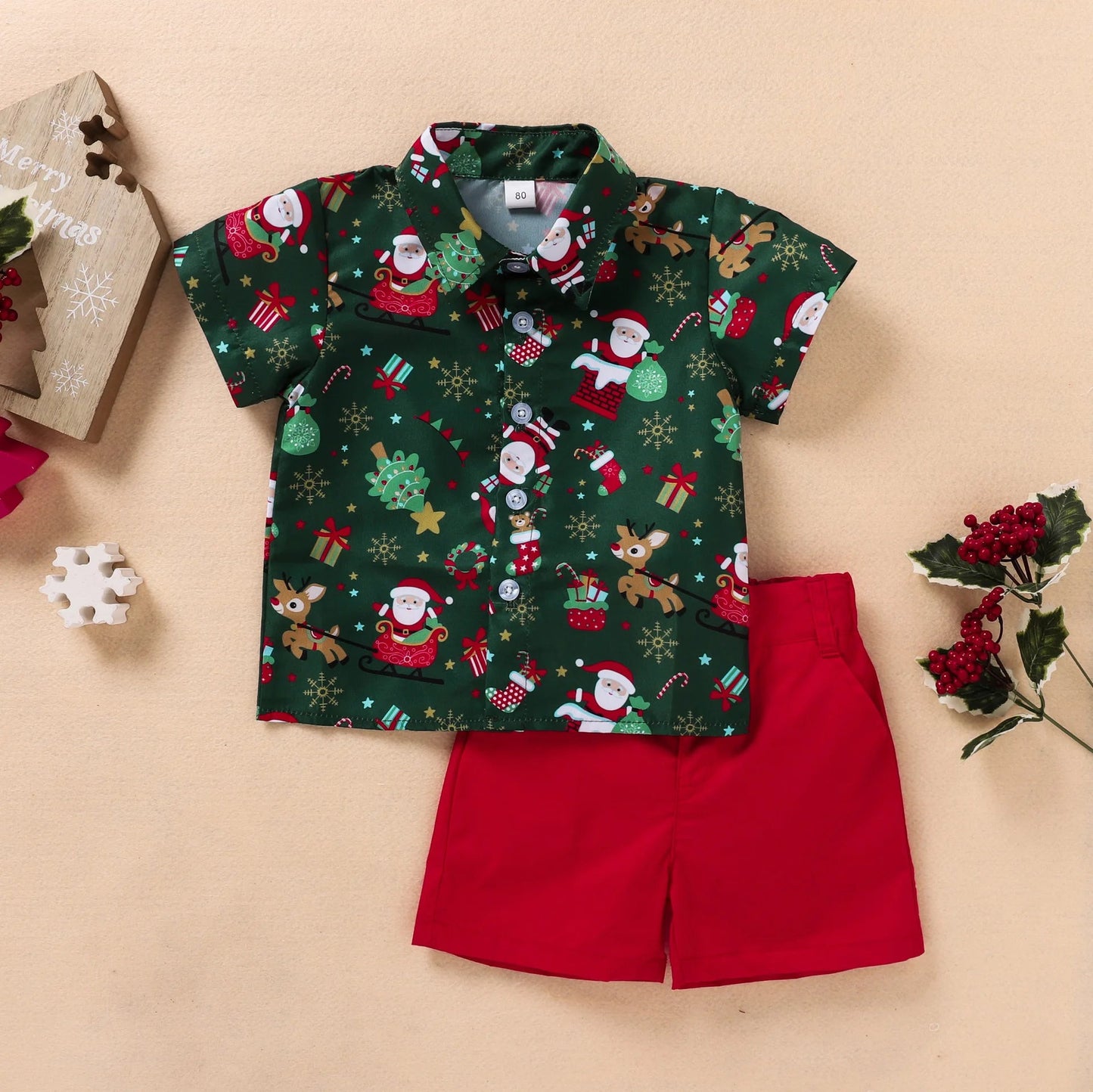 Baby Boys Christmas Outfits For Kids Summer Santa Claus Print Necktie Shorts and Red Shorts 2pcs New Year - PratSN