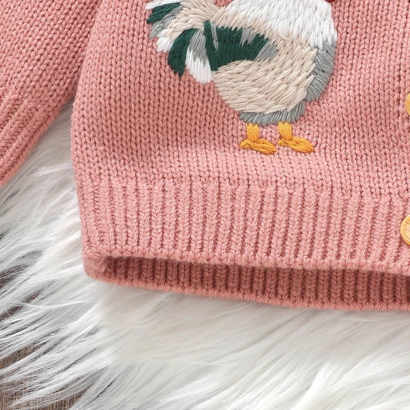 Baby Girl Knit Cardigan Sweater Rooster Embroidery Doll Collar Knitwear Coat Toddler Fall Winter Clothes - PratSN