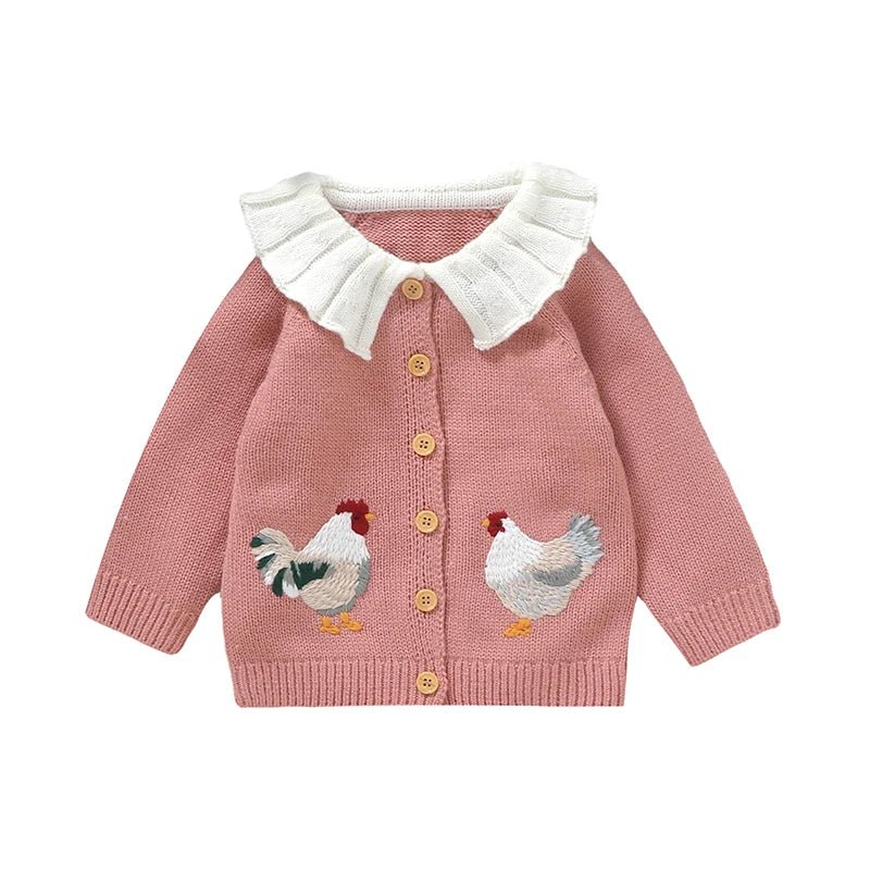 Baby Girl Knit Cardigan Sweater Rooster Embroidery Doll Collar Knitwear Coat Toddler Fall Winter Clothes - PratSN