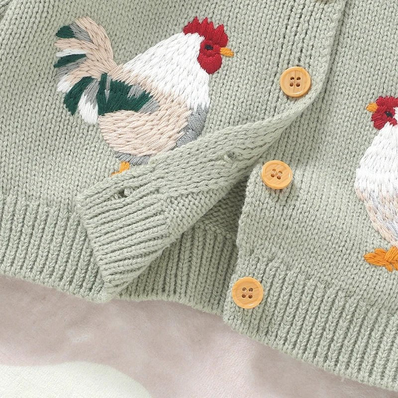 Baby Girl Knit Cardigan Sweater Rooster Embroidery Doll Collar Knitwear Coat Toddler Fall Winter Clothes - PratSN