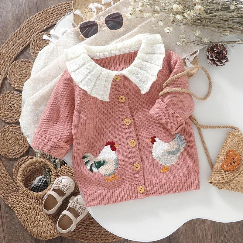 Baby Girl Knit Cardigan Sweater Rooster Embroidery Doll Collar Knitwear Coat Toddler Fall Winter Clothes - PratSN