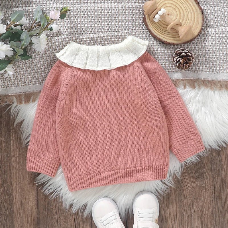 Baby Girl Knit Cardigan Sweater Rooster Embroidery Doll Collar Knitwear Coat Toddler Fall Winter Clothes - PratSN