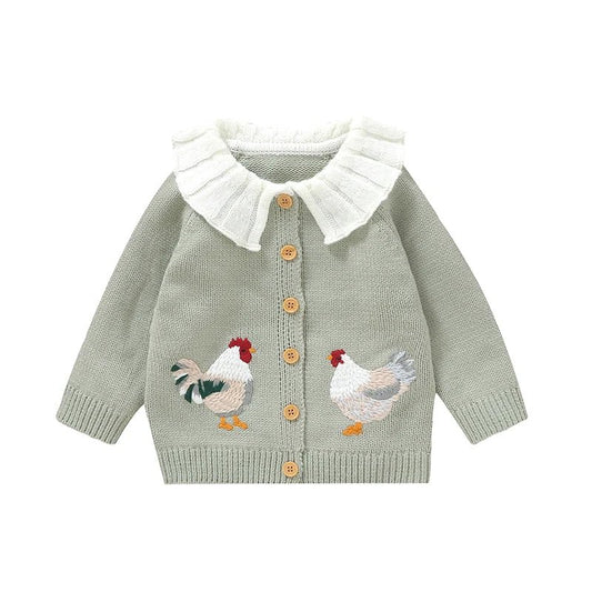 Baby Girl Knit Cardigan Sweater Rooster Embroidery Doll Collar Knitwear Coat Toddler Fall Winter Clothes - PratSN