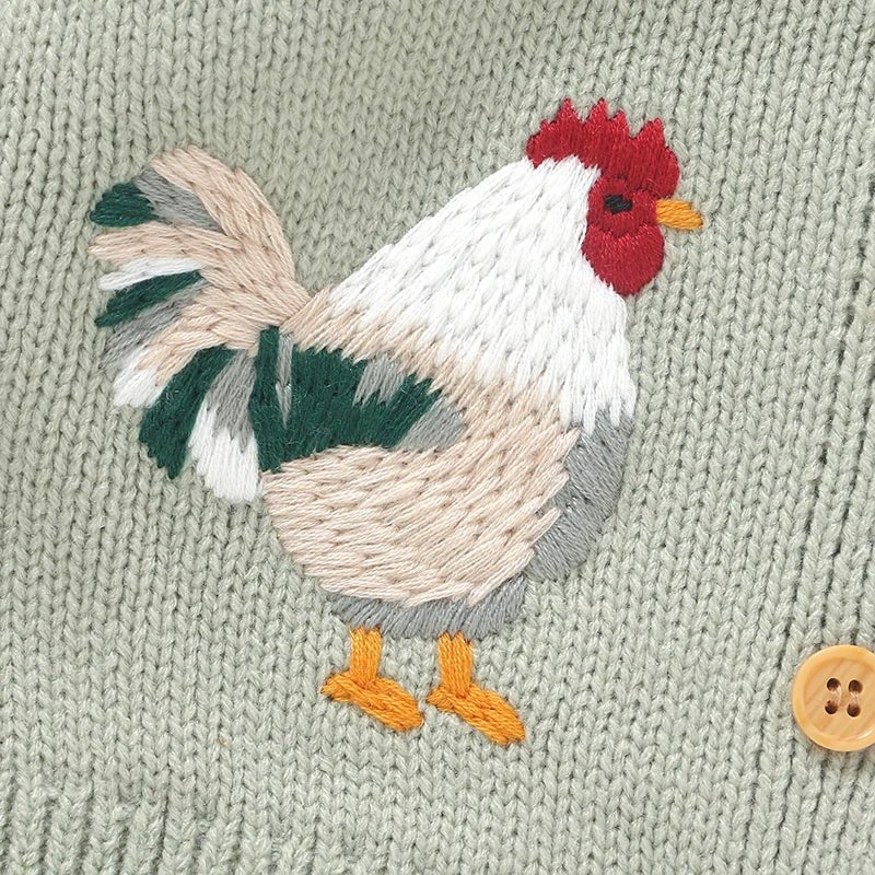 Baby Girl Knit Cardigan Sweater Rooster Embroidery Doll Collar Knitwear Coat Toddler Fall Winter Clothes - PratSN