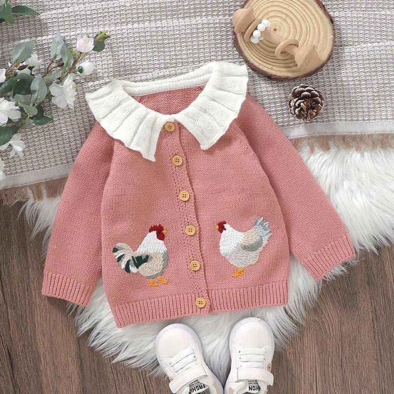 Baby Girl Knit Cardigan Sweater Rooster Embroidery Doll Collar Knitwear Coat Toddler Fall Winter Clothes - PratSN