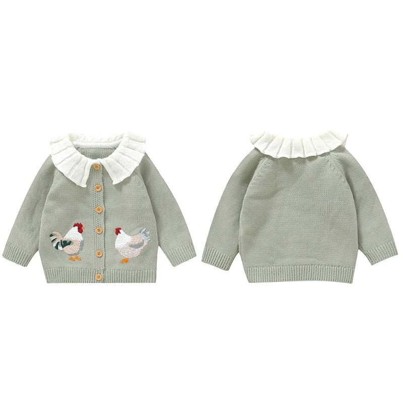 Baby Girl Knit Cardigan Sweater Rooster Embroidery Doll Collar Knitwear Coat Toddler Fall Winter Clothes - PratSN