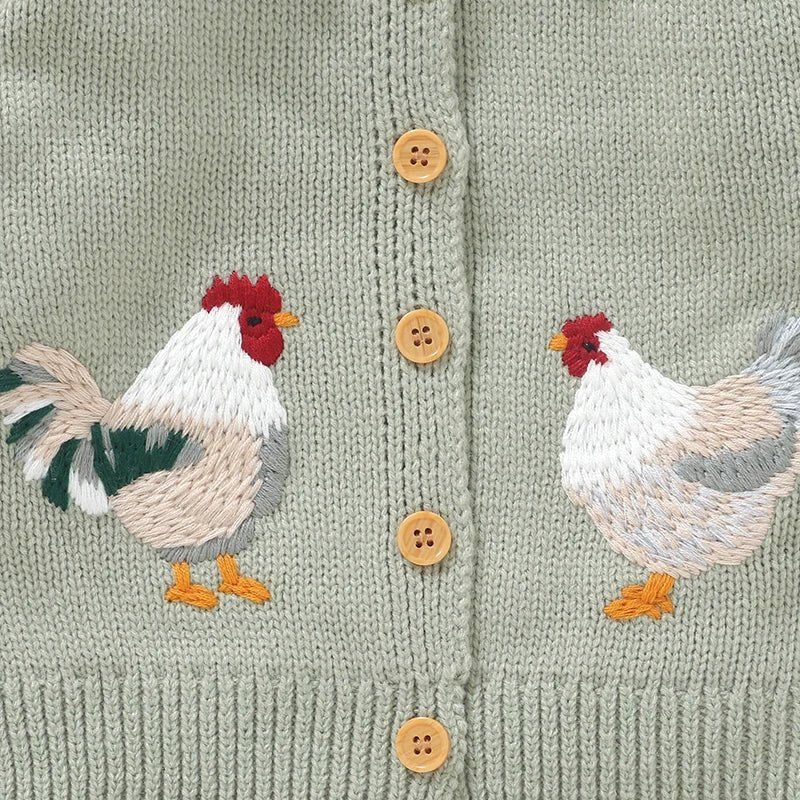 Baby Girl Knit Cardigan Sweater Rooster Embroidery Doll Collar Knitwear Coat Toddler Fall Winter Clothes - PratSN