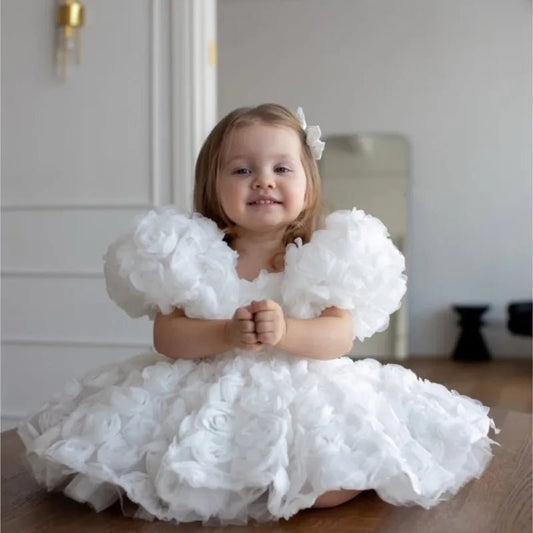 Baby Girl Princess 3D Flower Dress Puff Sleeve Infant Toddler Child Tutu Vestido Wedding Birthday Pageant Baby Clothes 1 - 12Y - PratSN