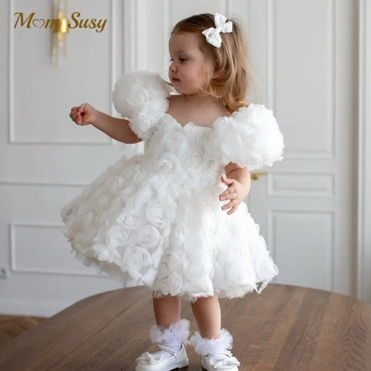 Baby Girl Princess 3D Flower Dress Puff Sleeve Infant Toddler Child Tutu Vestido Wedding Birthday Pageant Baby Clothes 1 - 12Y - PratSN