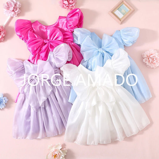 Baby Girl Summer Dress Short Puff Sleeves Large Bow Solid Round Neck Backless Princess Dresses Twins Daughter Clothing H0404 - PratSN