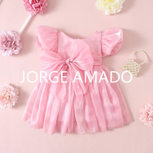 Baby Girl Summer Dress Short Puff Sleeves Large Bow Solid Round Neck Backless Princess Dresses Twins Daughter Clothing H0404 - PratSN