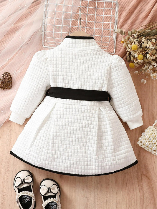 Baby Girls Fashion Autumn And Winter Thermal Belted Dress Set Princess Coat Classic Black And White Color Contrast Cardigan - PratSN