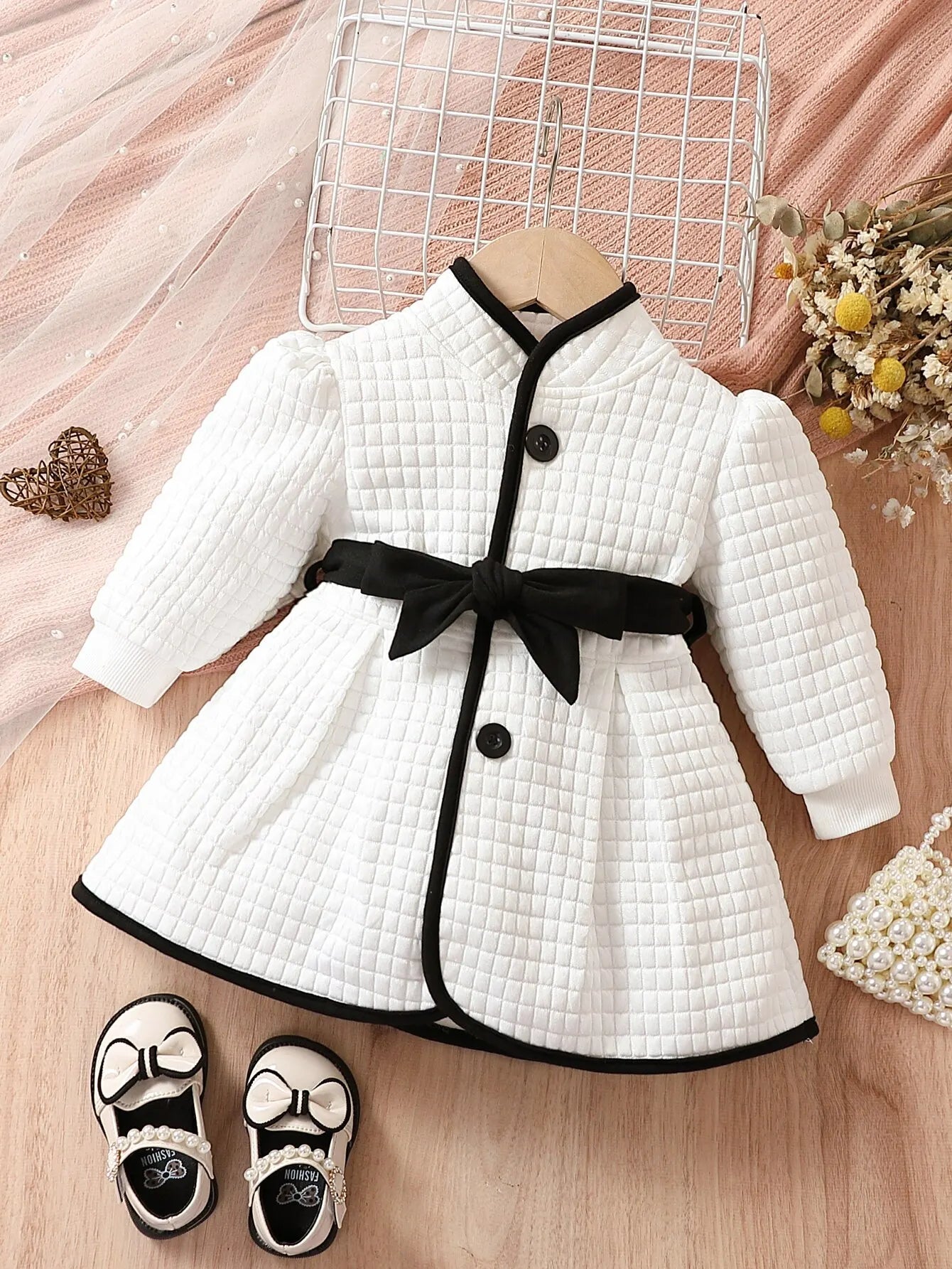 Baby Girls Fashion Autumn And Winter Thermal Belted Dress Set Princess Coat Classic Black And White Color Contrast Cardigan - PratSN