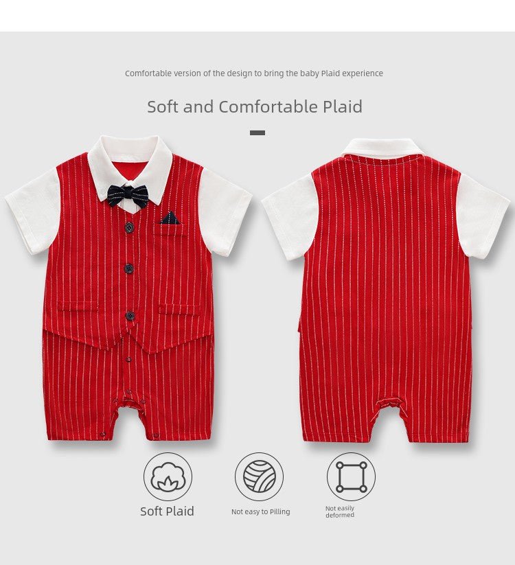 Baby Jumpsuit Suit Summer First Month Old 100 Days Old Hundred Days Banquet One Year Old Celebration Dress Male Baby Clothes Red Gentleman - PratSN