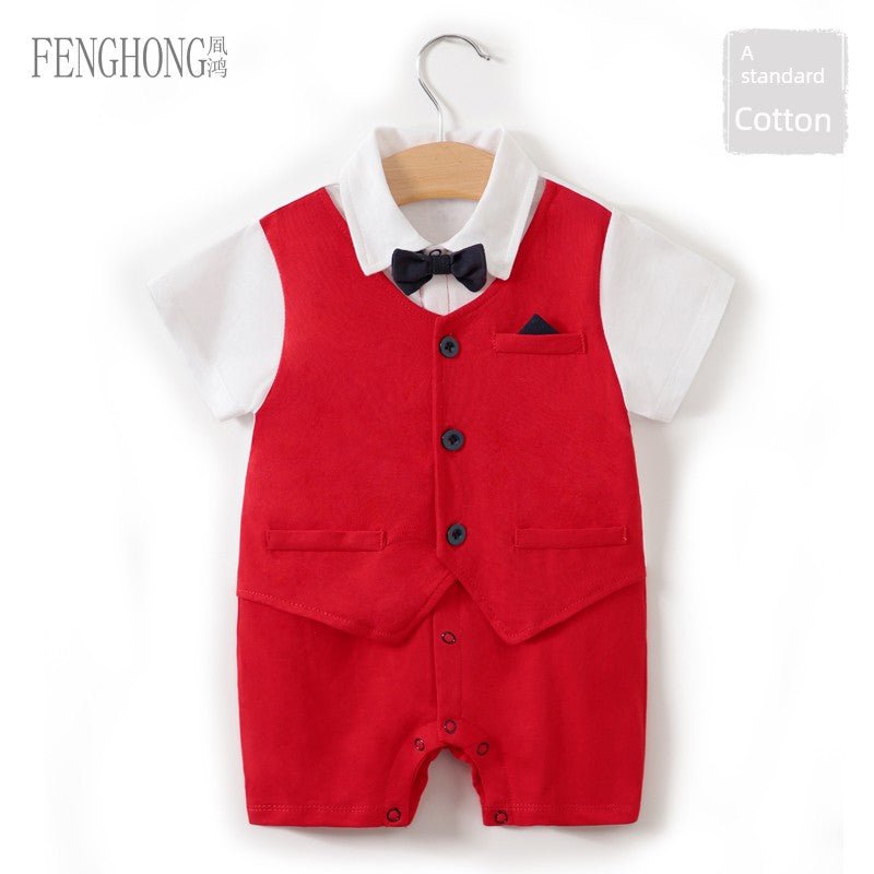 Baby Jumpsuit Suit Summer First Month Old 100 Days Old Hundred Days Banquet One Year Old Celebration Dress Male Baby Clothes Red Gentleman - PratSN