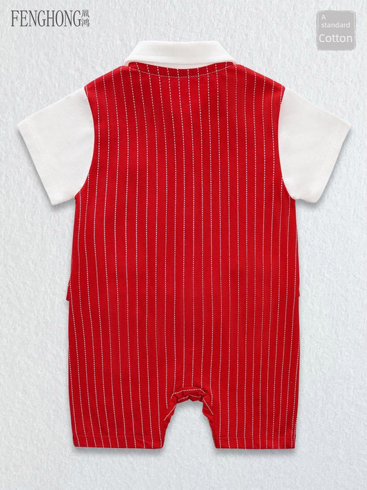 Baby Jumpsuit Suit Summer First Month Old 100 Days Old Hundred Days Banquet One Year Old Celebration Dress Male Baby Clothes Red Gentleman - PratSN