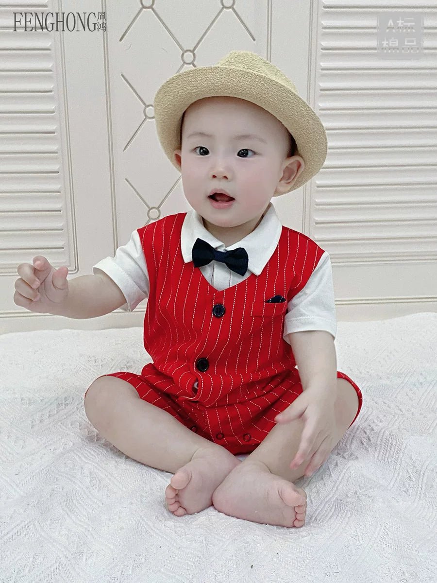 Baby Jumpsuit Suit Summer First Month Old 100 Days Old Hundred Days Banquet One Year Old Celebration Dress Male Baby Clothes Red Gentleman - PratSN
