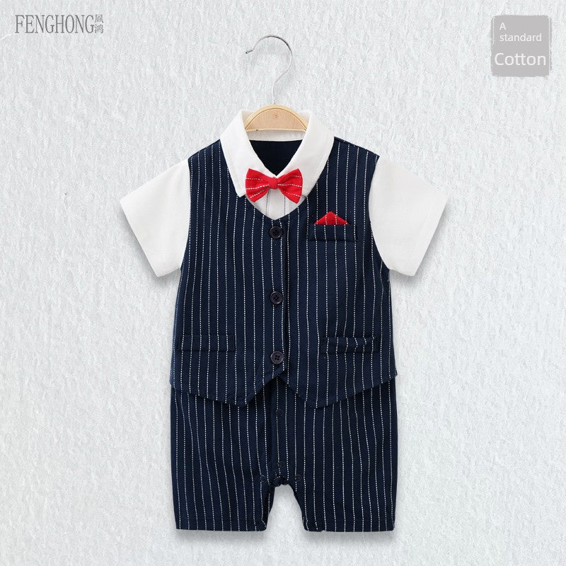 Baby Jumpsuit Suit Summer First Month Old 100 Days Old Hundred Days Banquet One Year Old Celebration Dress Male Baby Clothes Red Gentleman - PratSN