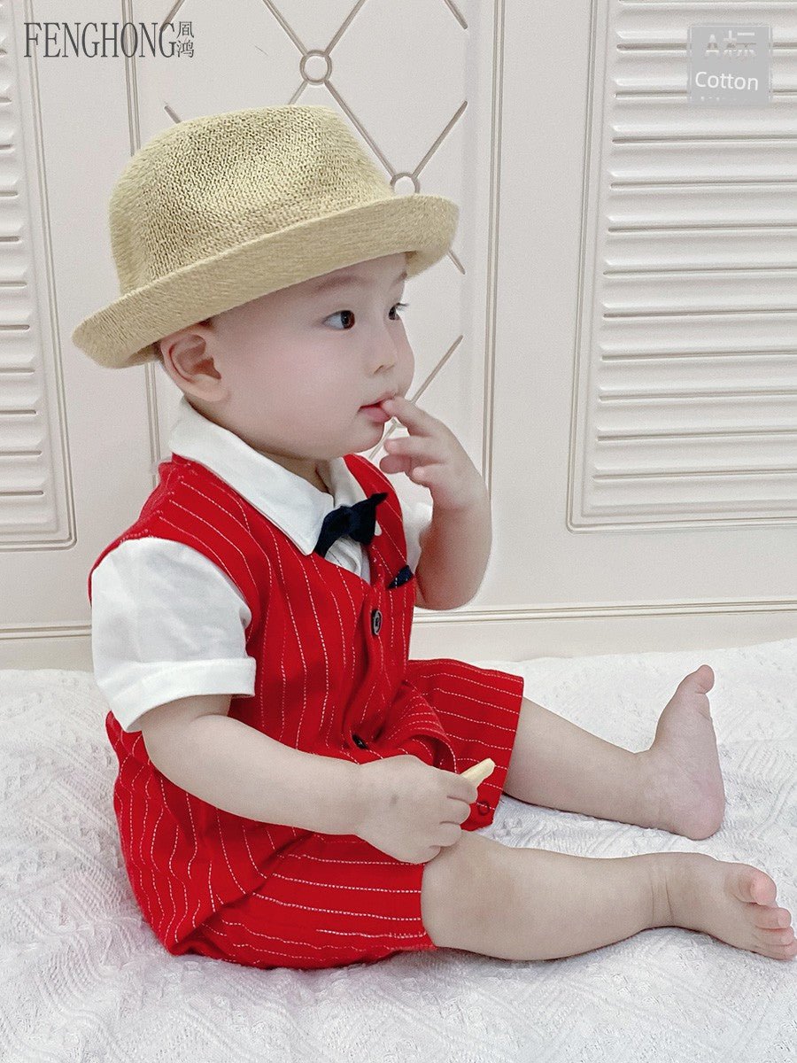 Baby Jumpsuit Suit Summer First Month Old 100 Days Old Hundred Days Banquet One Year Old Celebration Dress Male Baby Clothes Red Gentleman - PratSN