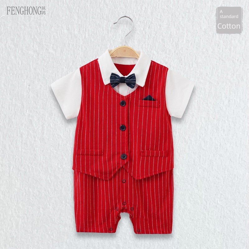 Baby Jumpsuit Suit Summer First Month Old 100 Days Old Hundred Days Banquet One Year Old Celebration Dress Male Baby Clothes Red Gentleman - PratSN