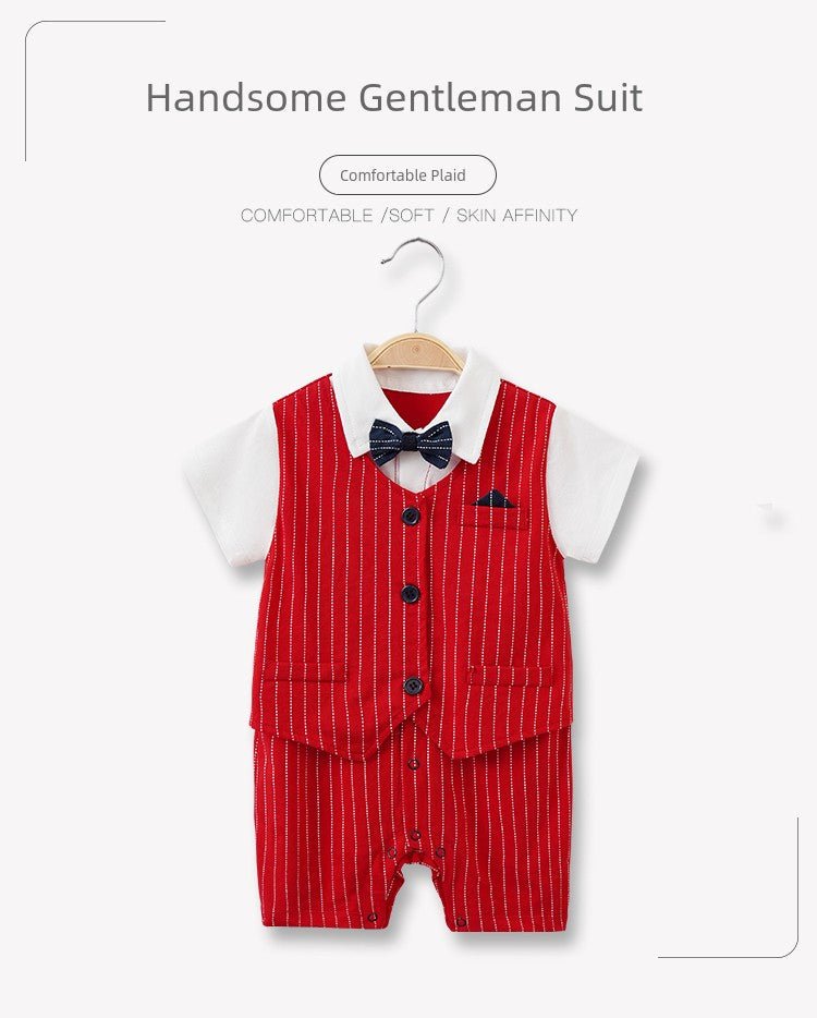 Baby Jumpsuit Suit Summer First Month Old 100 Days Old Hundred Days Banquet One Year Old Celebration Dress Male Baby Clothes Red Gentleman - PratSN