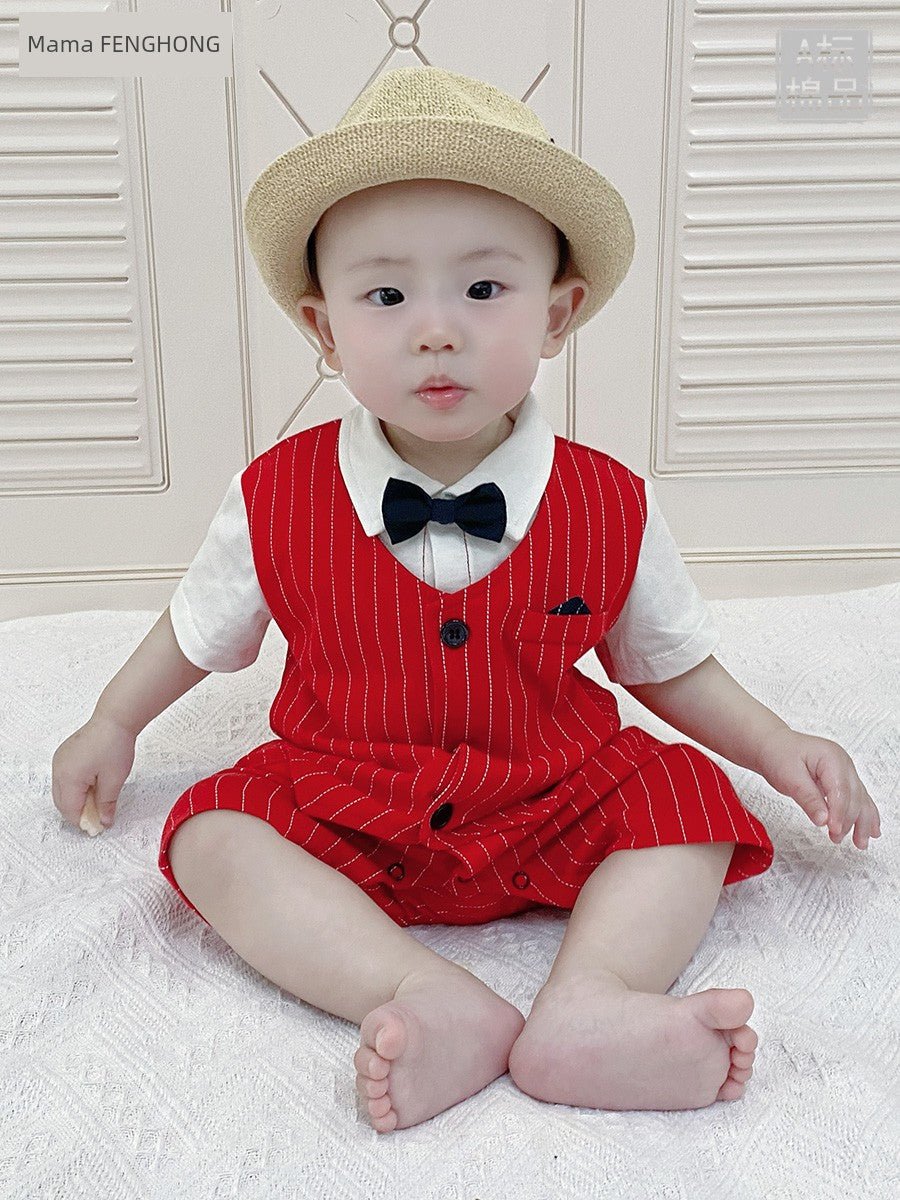 Baby Jumpsuit Suit Summer First Month Old 100 Days Old Hundred Days Banquet One Year Old Celebration Dress Male Baby Clothes Red Gentleman - PratSN