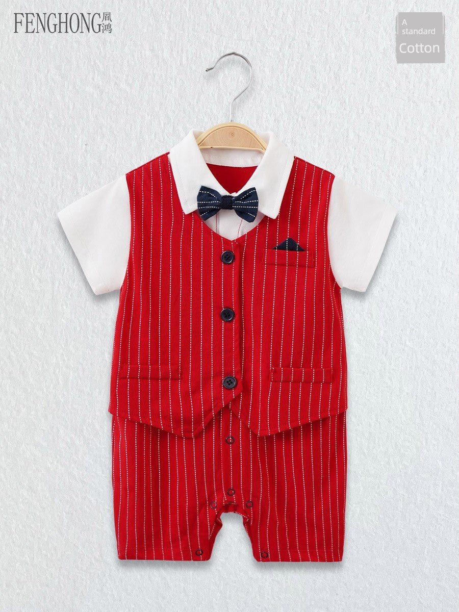 Baby Jumpsuit Suit Summer First Month Old 100 Days Old Hundred Days Banquet One Year Old Celebration Dress Male Baby Clothes Red Gentleman - PratSN