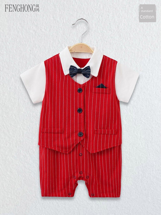 Baby Jumpsuit Suit Summer First Month Old 100 Days Old Hundred Days Banquet One Year Old Celebration Dress Male Baby Clothes Red Gentleman - PratSN