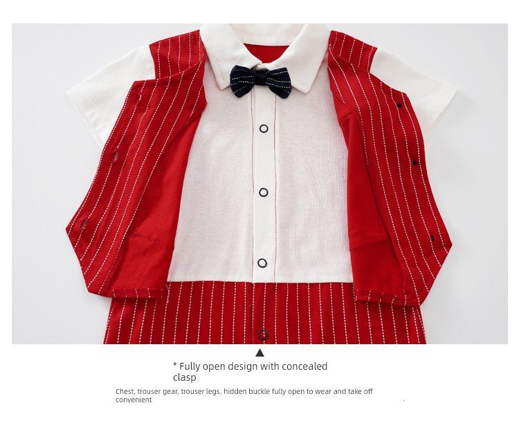 Baby Jumpsuit Suit Summer First Month Old 100 Days Old Hundred Days Banquet One Year Old Celebration Dress Male Baby Clothes Red Gentleman - PratSN