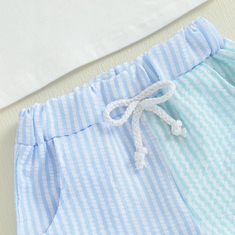 Baby Kid Boys Summer Outfits Contrast Colors Letter Embroidery Lapel Short Sleeves T-Shirt and Elastic Striped Shorts Set - PratSN