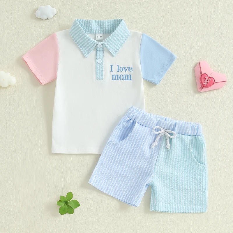Baby Kid Boys Summer Outfits Contrast Colors Letter Embroidery Lapel Short Sleeves T-Shirt and Elastic Striped Shorts Set - PratSN
