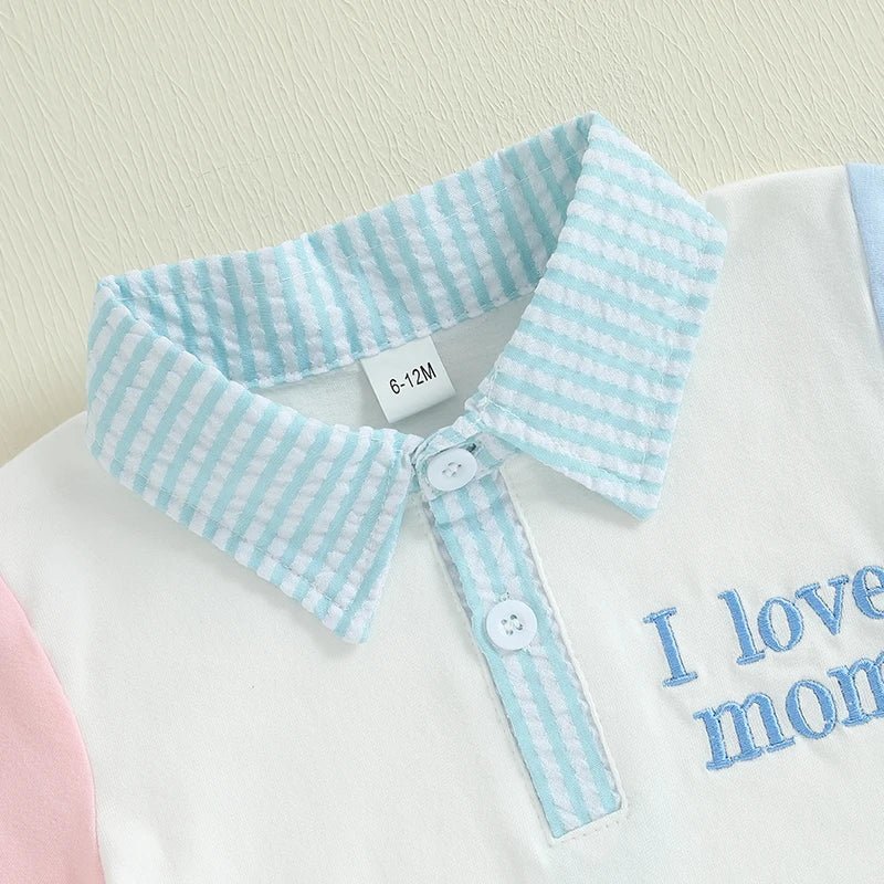 Baby Kid Boys Summer Outfits Contrast Colors Letter Embroidery Lapel Short Sleeves T-Shirt and Elastic Striped Shorts Set - PratSN