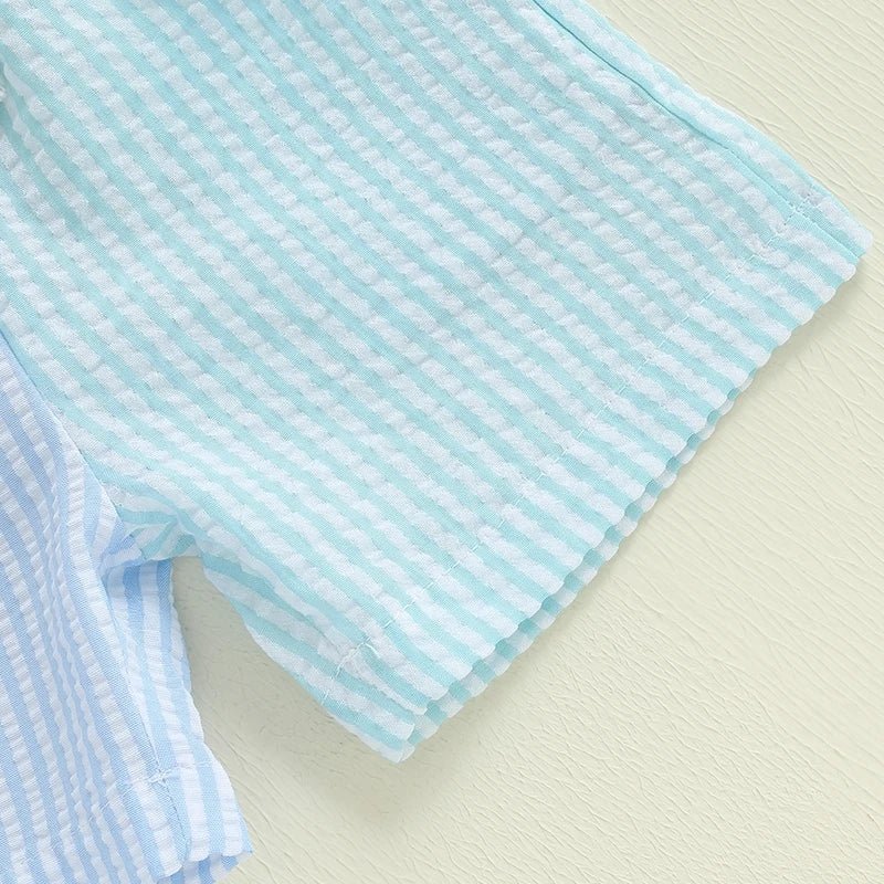 Baby Kid Boys Summer Outfits Contrast Colors Letter Embroidery Lapel Short Sleeves T-Shirt and Elastic Striped Shorts Set - PratSN