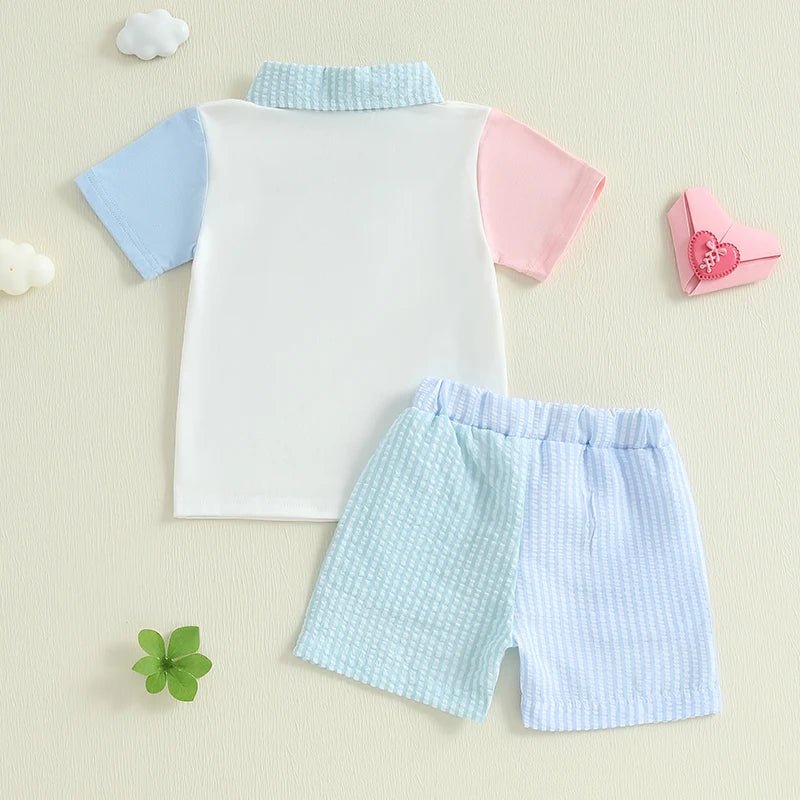 Baby Kid Boys Summer Outfits Contrast Colors Letter Embroidery Lapel Short Sleeves T-Shirt and Elastic Striped Shorts Set - PratSN