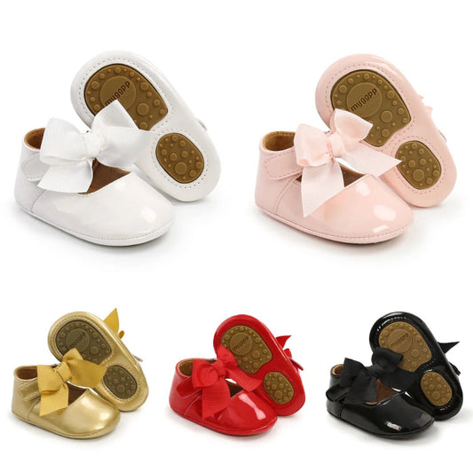 Baby Shoes Bowknot Rubber Sole Anti - slip PU Ballet Slippers Baby Girl Dress Shoes First Walker Toddler Crib Shoes - PratSN