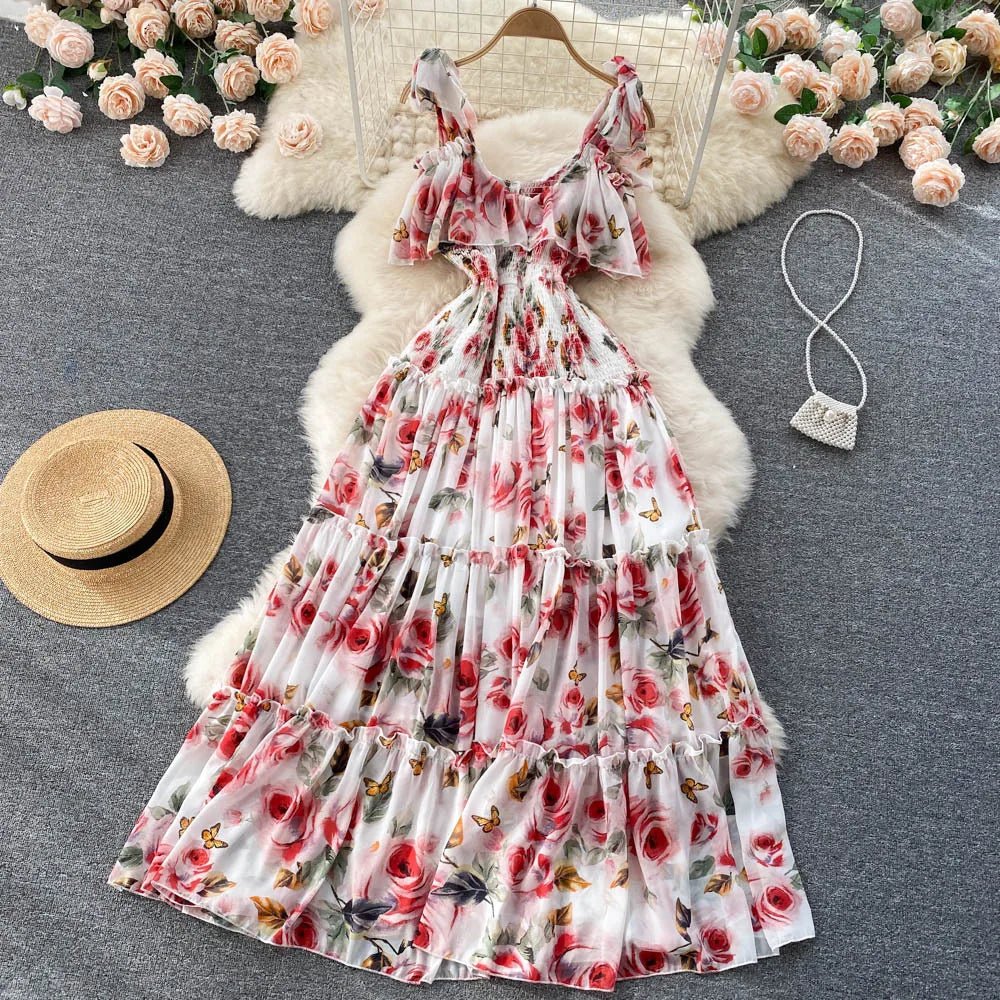 Beach Dress Women's Slimming Seaside Vacation Style Over - the - Knee Pleated Super Fairy Chiffon Printed Premium Casual Dress - PratSN