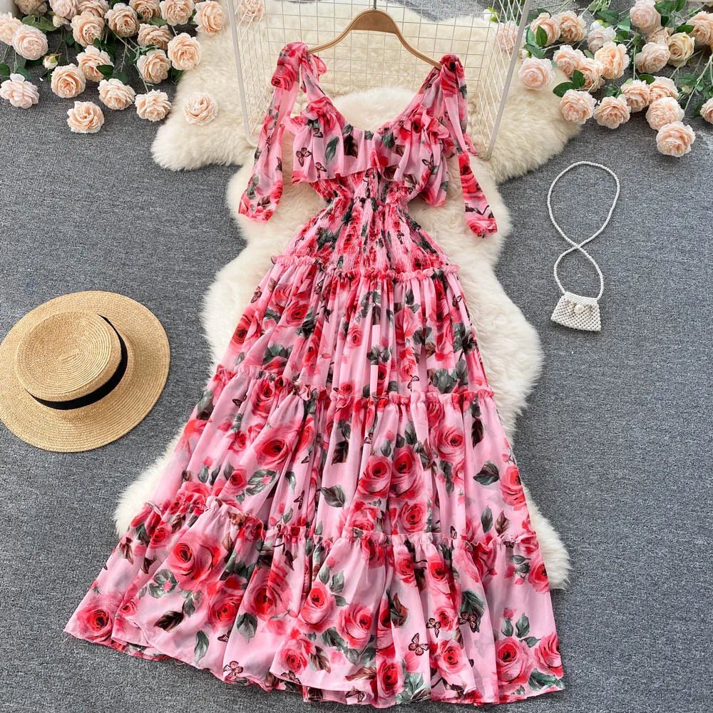 Beach Dress Women's Slimming Seaside Vacation Style Over - the - Knee Pleated Super Fairy Chiffon Printed Premium Casual Dress - PratSN