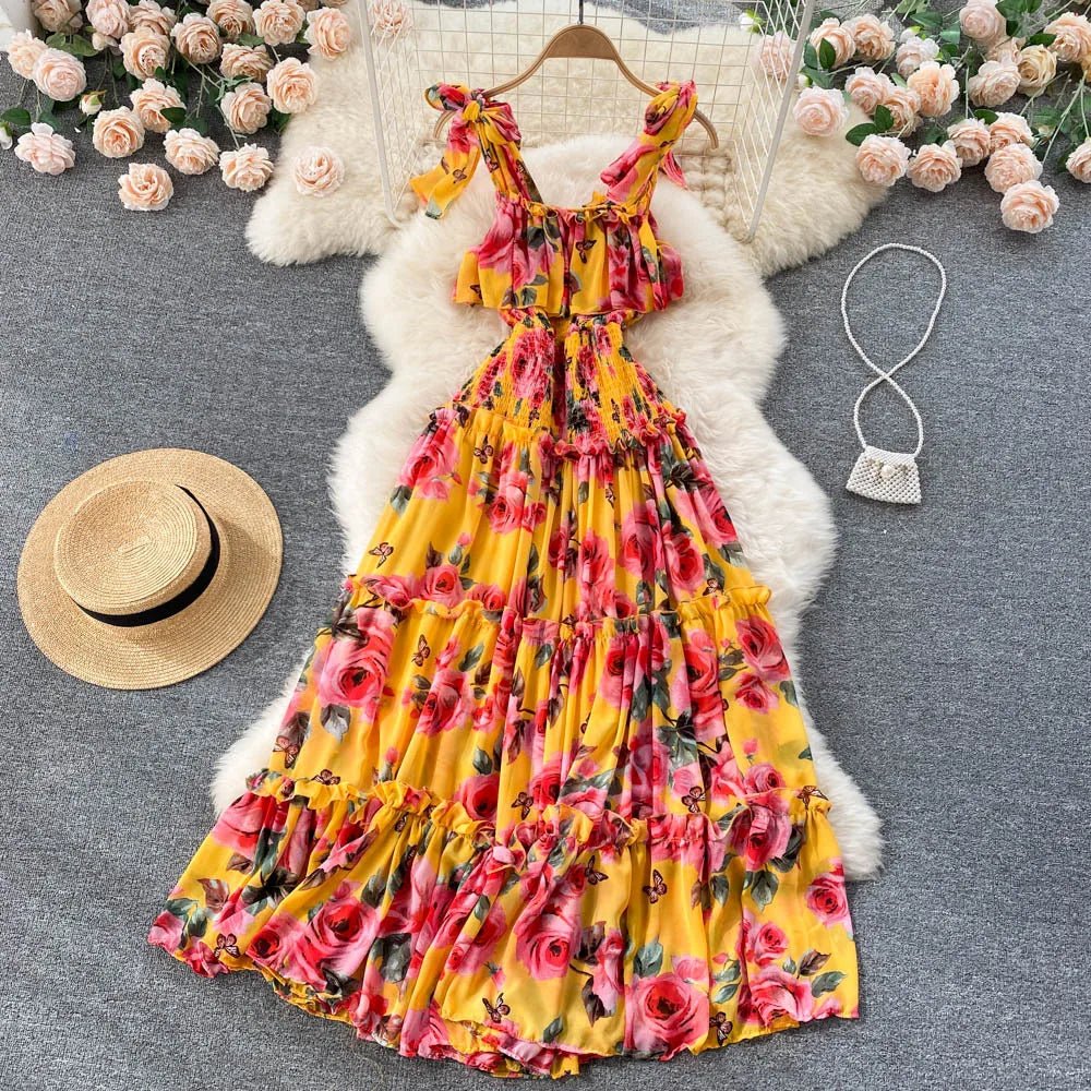Beach Dress Women's Slimming Seaside Vacation Style Over - the - Knee Pleated Super Fairy Chiffon Printed Premium Casual Dress - PratSN