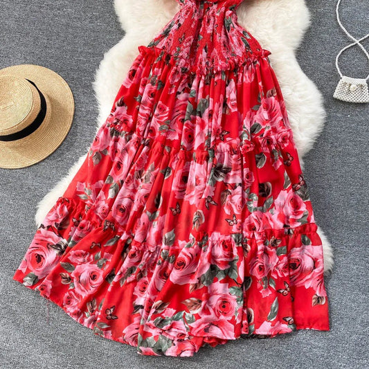 Beach Dress Women's Slimming Seaside Vacation Style Over - the - Knee Pleated Super Fairy Chiffon Printed Premium Casual Dress - PratSN