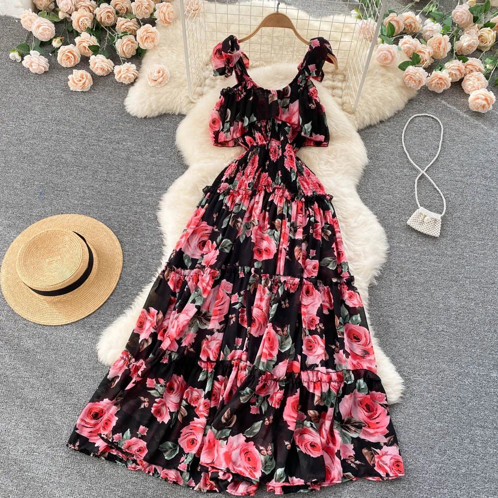Beach Dress Women's Slimming Seaside Vacation Style Over - the - Knee Pleated Super Fairy Chiffon Printed Premium Casual Dress - PratSN