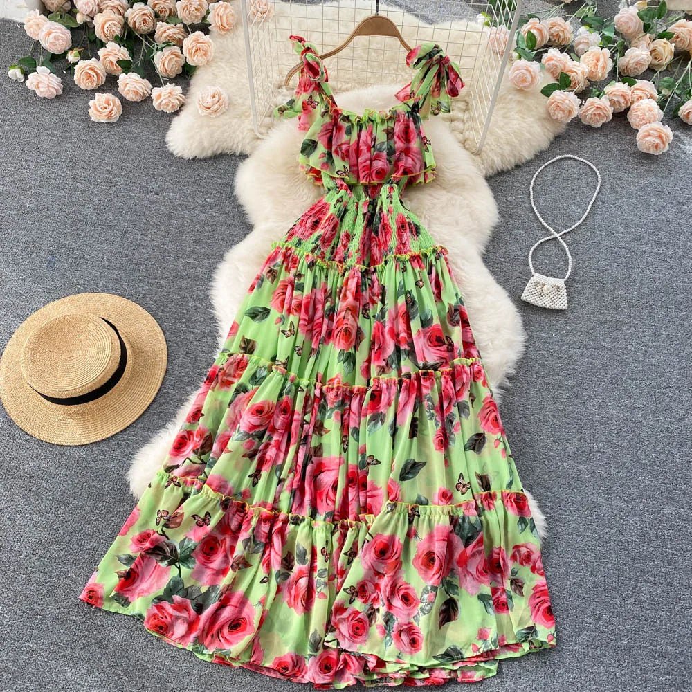 Beach Dress Women's Slimming Seaside Vacation Style Over - the - Knee Pleated Super Fairy Chiffon Printed Premium Casual Dress - PratSN
