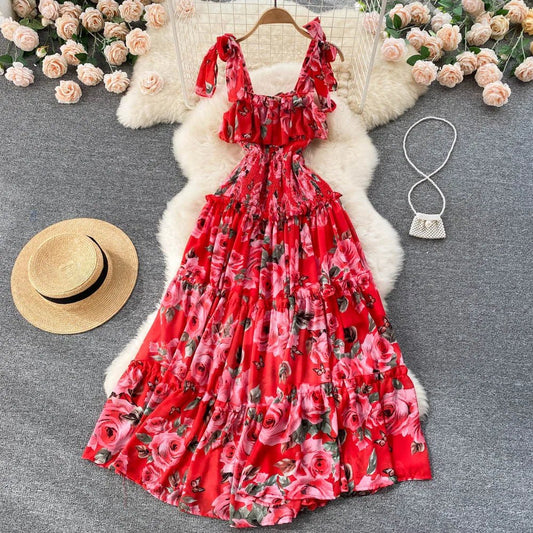 Beach Dress Women's Slimming Seaside Vacation Style Over - the - Knee Pleated Super Fairy Chiffon Printed Premium Casual Dress - PratSN