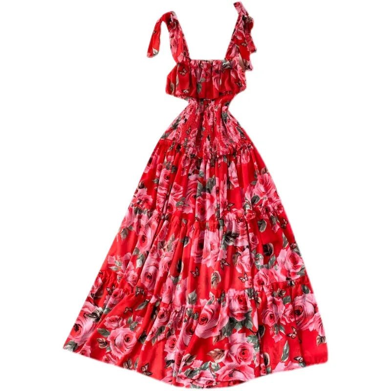 Beach Dress Women's Slimming Seaside Vacation Style Over - the - Knee Pleated Super Fairy Chiffon Printed Premium Casual Dress - PratSN