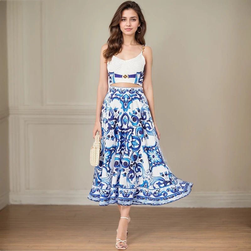 Beach Holiday Two Piece Set Fashion Trendy Spaghetti Strap Gold Button Crop Top And Long Skirt Suits Summer Bohemain Print Set - PratSN