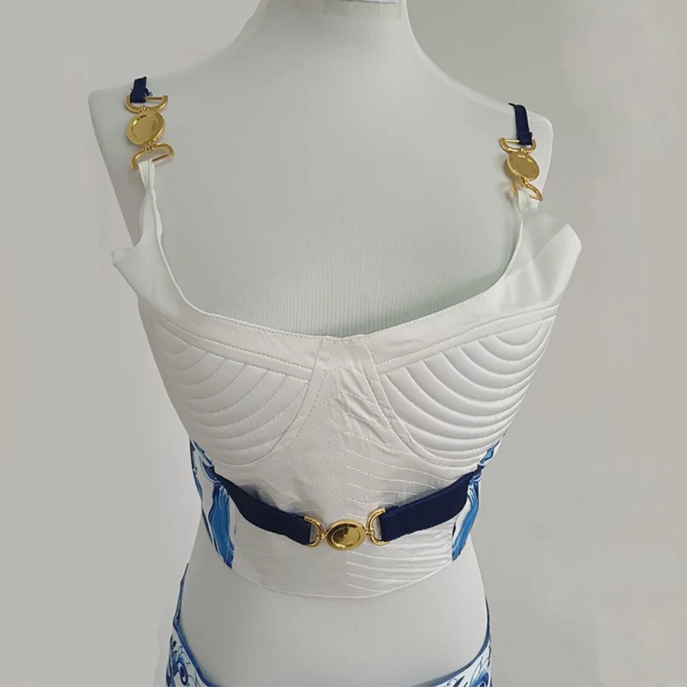 Beach Holiday Two Piece Set Fashion Trendy Spaghetti Strap Gold Button Crop Top And Long Skirt Suits Summer Bohemain Print Set - PratSN